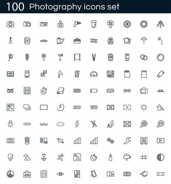 Photography icon set with 100 vector pictograms. Simple outline camera icons isolated on a white background. Good for apps and web sites.