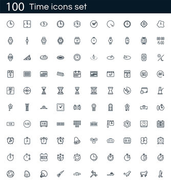 Time icon set with 100 vector pictograms. Simple outline isolated on a white background. Good for apps and web sites.