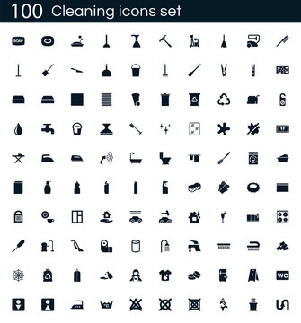 Cleaning icon set with 100 vector pictograms. Simple filled clean icons isolated on a white background. Good for apps and web sites.