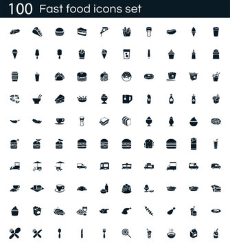 Fast food icon set with 100 vector pictograms. Simple filled restaurant icons isolated on a white background. Good for apps and web sites.