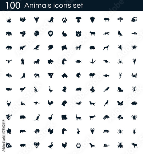 Animals Icon Set With 100 Vector Pictograms Simple Filled - 