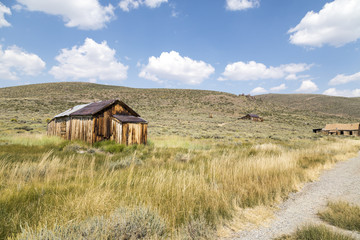 Old wooden buildings in the Mono County landscape 