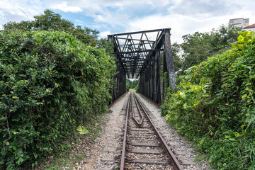 Obraz premium View along the railway. Old railroad across the bridge. The road for the train on the sides of the green vegetation and forest