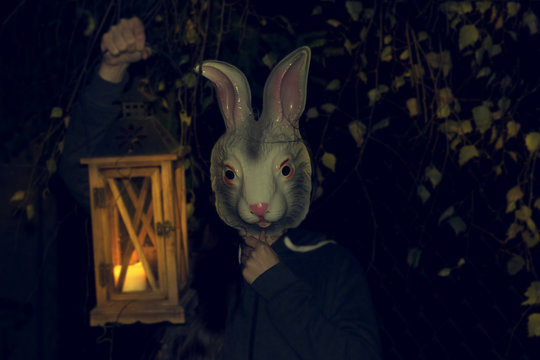 Girl in a bunny mask with the lantern at night. Halloween party