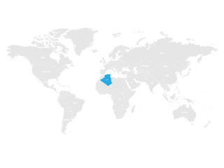 Algeria marked by blue in grey World political map. Vector illustration.