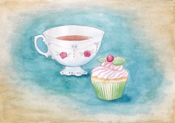 Fototapeta na wymiar Watercolor porcelain tea Cup and cupcake with berries on a turquoise background
