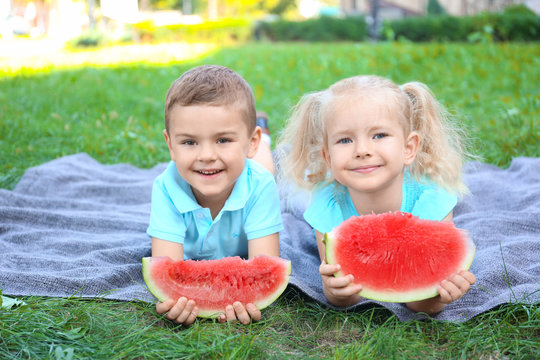 Cute children eating watermelon on green grass