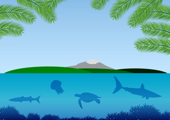Fototapeta na wymiar Подводный мир южного моря с островом и горами и ветвями пальмы, фон для рекламного дизайна туризма
