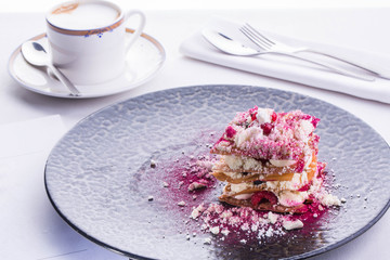 Berry milfy, is served with mousse from mascarpone with a lime, fresh berries and sorbet from a rhubarb