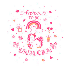 Pink Unicorn with vector lettering . Vector
