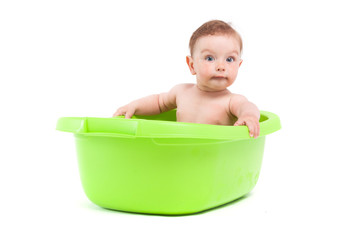 cute pretty baby boy take bath in tub