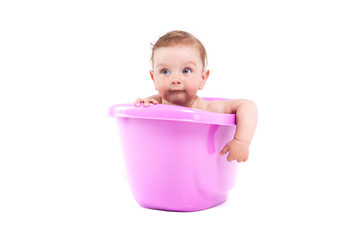 cute pretty baby boy take bath in tub