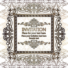 Abstract background with calligraphic luxury gold flourishes and vintage frame, victorian banner,wallpaper ornaments, invitation card, baroque style booklet, fashion pattern, template for design.