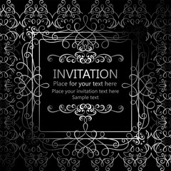 Abstract background with calligraphic luxury silver flourishes and vintage frame, victorian banner,wallpaper ornaments, invitation card, baroque style booklet, fashion pattern, template for design.