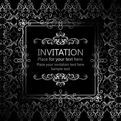 Abstract background with calligraphic luxury silver flourishes and vintage frame, victorian banner,wallpaper ornaments, invitation card, baroque style booklet, fashion pattern, template for design.
