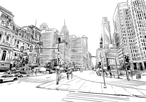 Philadelphia. Pennsylvania. USA. Hand drawn.Unusual Street sketch, vector illustration