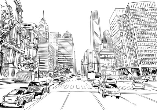 Philadelphia. Pennsylvania. USA. Hand drawn.Unusual Street sketch, vector illustration