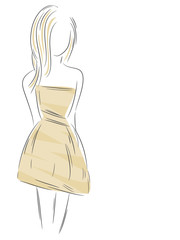 Silhouette of a woman wearing party dress, hand drawn.