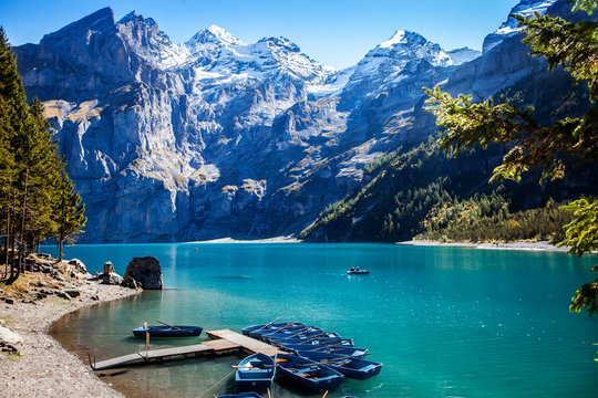 Switzerland Kandersteg scenic view of famous Oeschinensee in late summer
