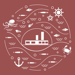 Cute vector illustration with ship, octopus, fish, anchor, helm, waves, seashells, starfish, crab arranged in a circle.