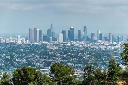 Skyscrapers of downtown Los Angeles. View from the observation deck in Griffith Park