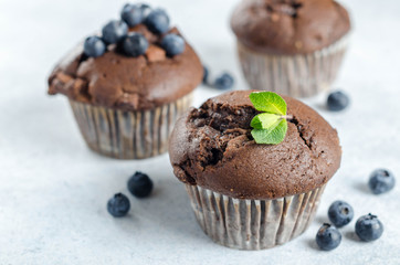Three chocolate muffins with fresh blueberries, horizontal image