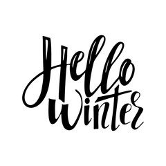 Hello winter. Handwriting script lettering for greeting card. Vector design for logo, emblem, banner