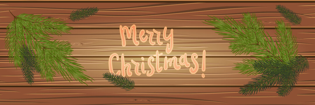 Christmas tree branches on a wooden background. top view. Christmas card. festive background. Vector illustration. Eps 10.