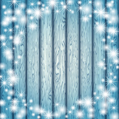 Blue background. A wooden background with snowflakes and snow. Christmas. New Year.Vector illustration. Eps 10.