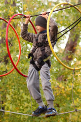 Boy surmounting obstacle course in the outdoor rope park among autumn lush foliage