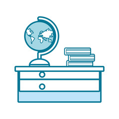 flat line colored  desk  with  books over white background  vector illustration