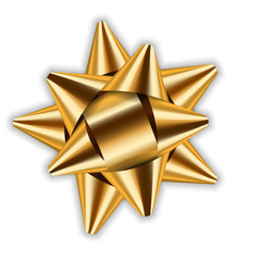 Gold bow ribbon decor element package. Shiny golden satin decoration gift present, holiday design, isolated white background. Symbol Christmas, New Year celebration, birthday Vector illustration