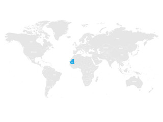 Fototapeta na wymiar Mauritania marked by blue in grey World political map. Vector illustration.