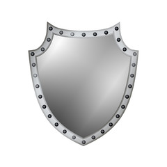 Silver shield shape icon. 3D gray emblem sign isolated on white background. Symbol of security, power, protection. Badge shape shield graphic design Vector illustration