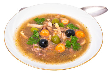 Vegetable soup with meat and olives