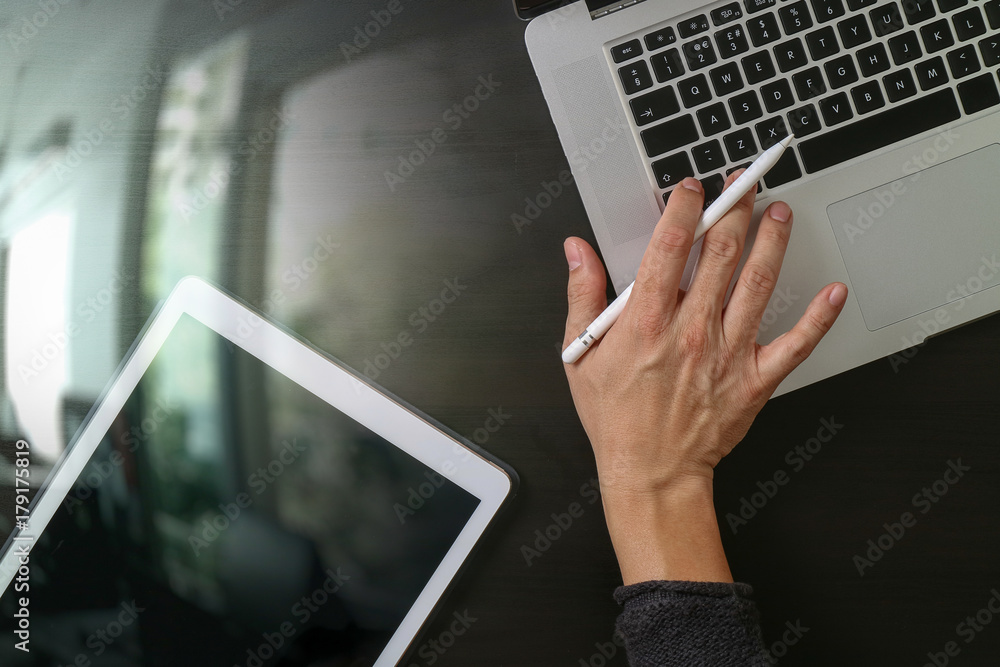 Poster cyber security internet and networking concept.businessman hand working with laptop computer and dig