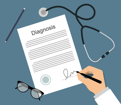 Man in medical form signs the diagnosis documen