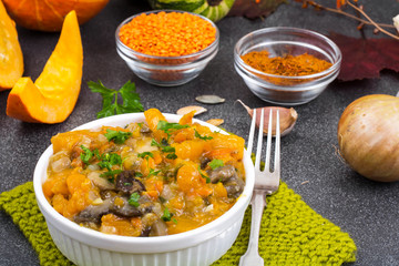 Lentil dishes and pumpkins