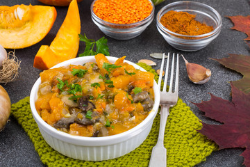 Lentil dishes and pumpkins