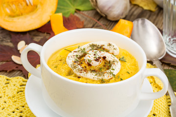 Vegetarian menu. Pumpkin cream soup