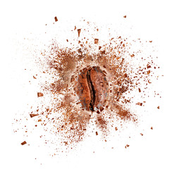 Explosion of coffee bean with hot steam, isolated on white background