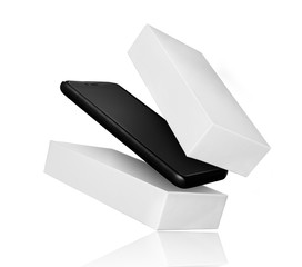 Smartphone flies out of the package, isolated on white background