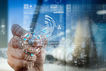 businessman hand working with modern technology and digital layer effect as business strategy concept with VR diagram