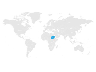 Sudan marked by blue in grey World political map. Vector illustration.