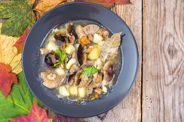 Naklejka premium Black plate with wild mushroom soup