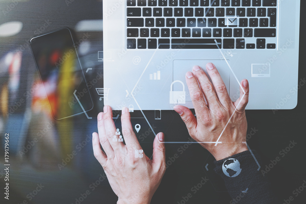 Poster cyber security internet and networking concept.businessman hand working with vr screen padlock icon 