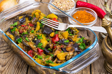 Vegetarian food. Baked mix of vegetables in glass