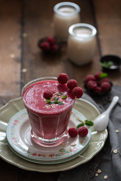 Raspberries smoothie with oatflakes and rice milk