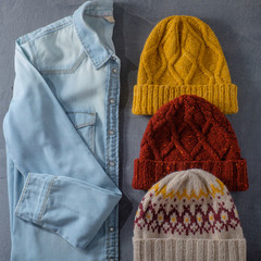 Jeans shirt and three winter hats