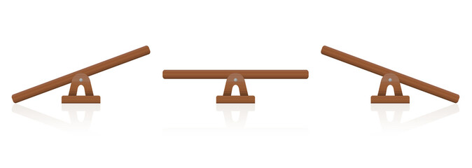 Seesaw or wooden balance scale set of three items - balanced and unbalanced, equal and unequal weightiness - isolated vector illustration on white background.